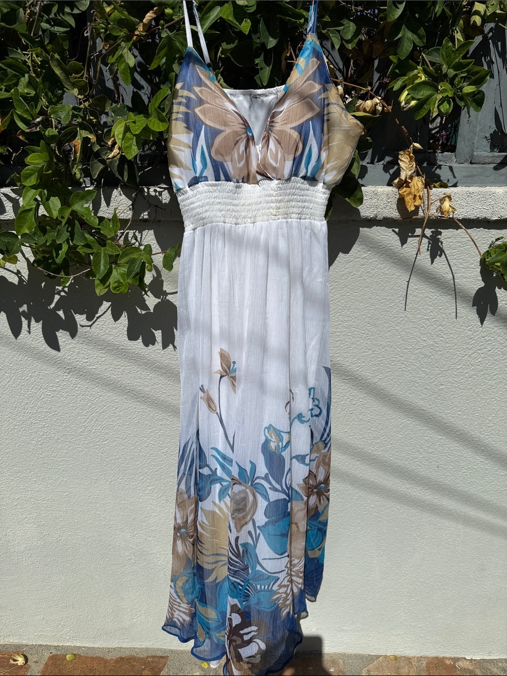 Floral Maxi Summer Dress - White with Blue & Tan